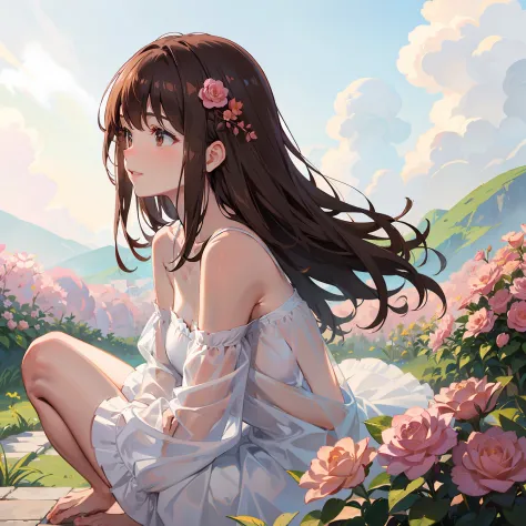 brown haired beautiful and delicate girl, bangs, hair by shoulder, brown eyes, Asian sitting, picking a pink rose from a flower field, smelling flower with a smile, side view, clean sky, beautiful, masterpiece, 4k, 16k, award winning, bloom, ray tracing