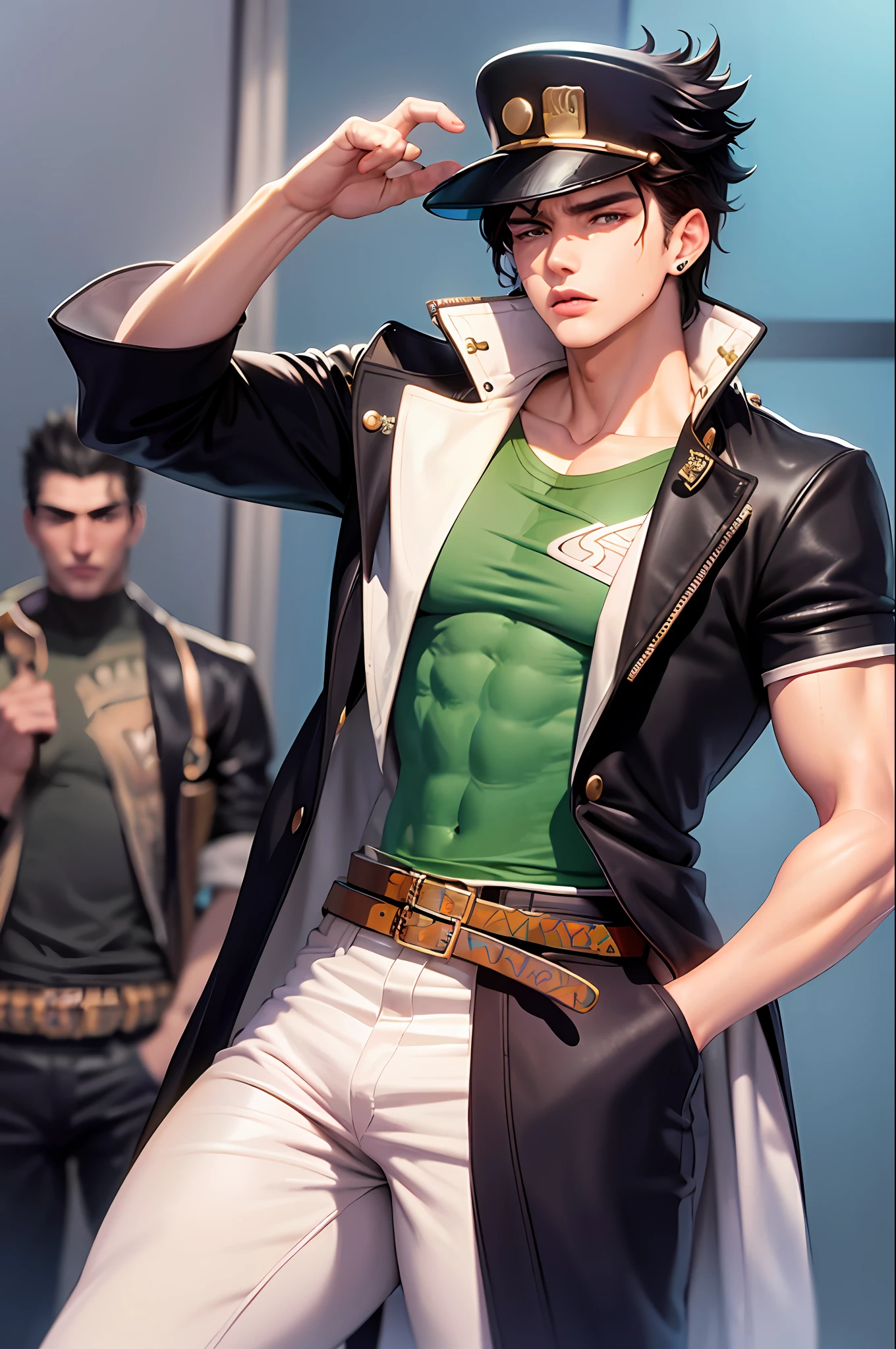 （tmasterpiece，best qualtiy：1.2），cowboy lens，solo，malefocus，1boy，jotaro kujo，Muscle men，Bodybuilding，serious，Keep one's mouth shut，looking at viewert，Put your right hand in your pocket，Press the hat with your left hand，green-eyed，Uniforms，Xuelan，Long jacket, trinkets, 耳Nipple Ring, nipple chain，