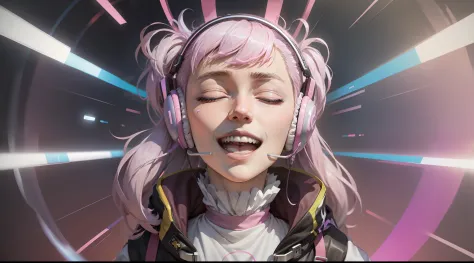 woman with peace sense headset, closed eyes, beautiful face, rgb colors, anime pink hair, banner for youtube video, happy girl, ...