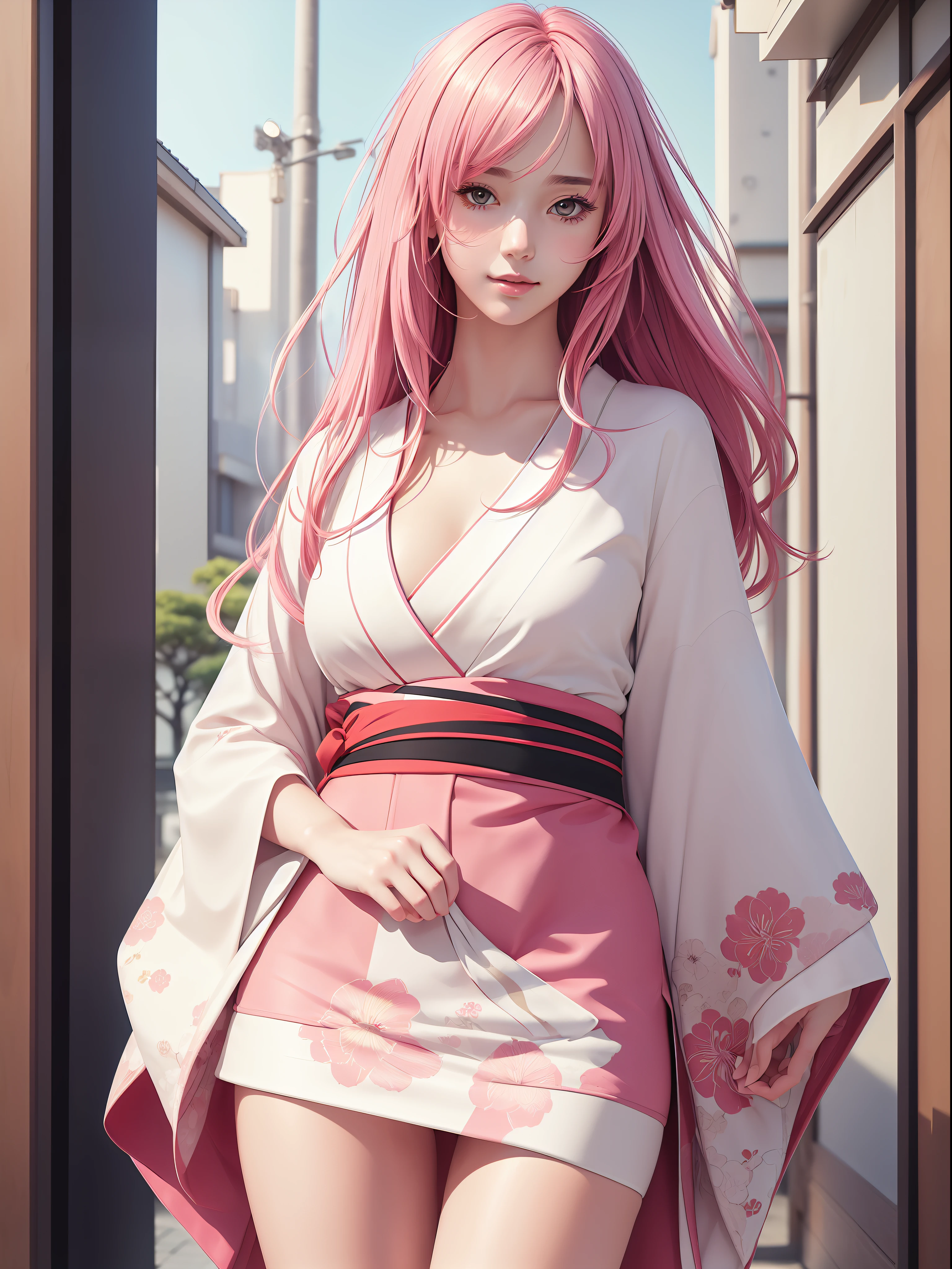 (masterpiece), (best quality), (ultra detailed),(disheveled hair),(illustration), (realistic), beautiful and cute girl with white and smooth skin, thin body, red cheeks, elegant, wearing kimono, pink hair, in Tokyo.