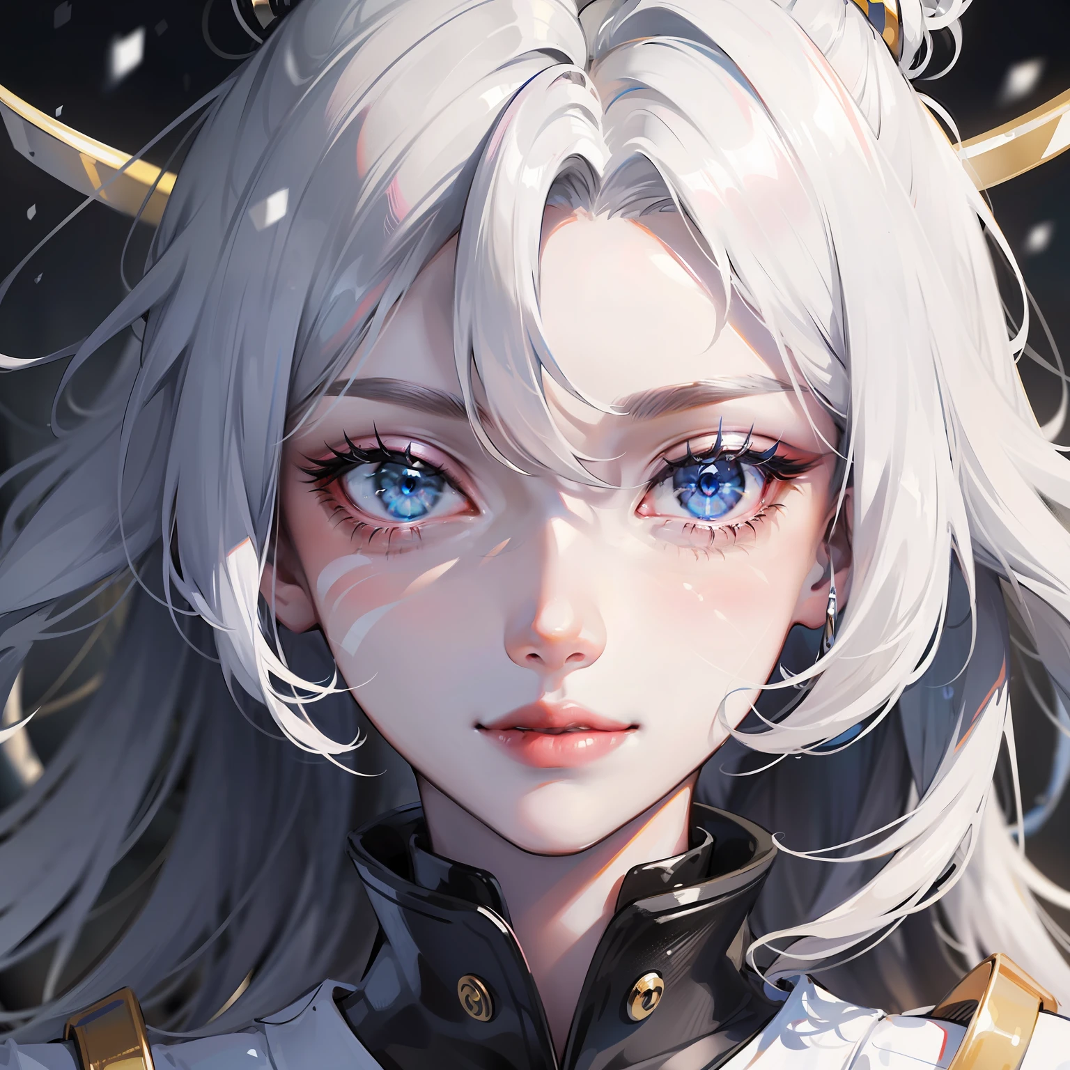 white hair, battle worn, shining blue eyes, samurai, pretty girl, delicate face, beautiful girl, slender body, hot girl, holding katana with both hands, full body white samurai uniform, under the moonlight, snow, pale skin, long beautiful streaked hair, floating hair, smile, soft face, kind eyes, eyebrows behind hair, ringed eyes, soft smile, face paint, scars on face, Surrealism, ray tracing, reflection light, motion lines, blurry background, night time, Canon, Fujifilm, 8k, super detail, best quality, UHD, portrait, snowflake