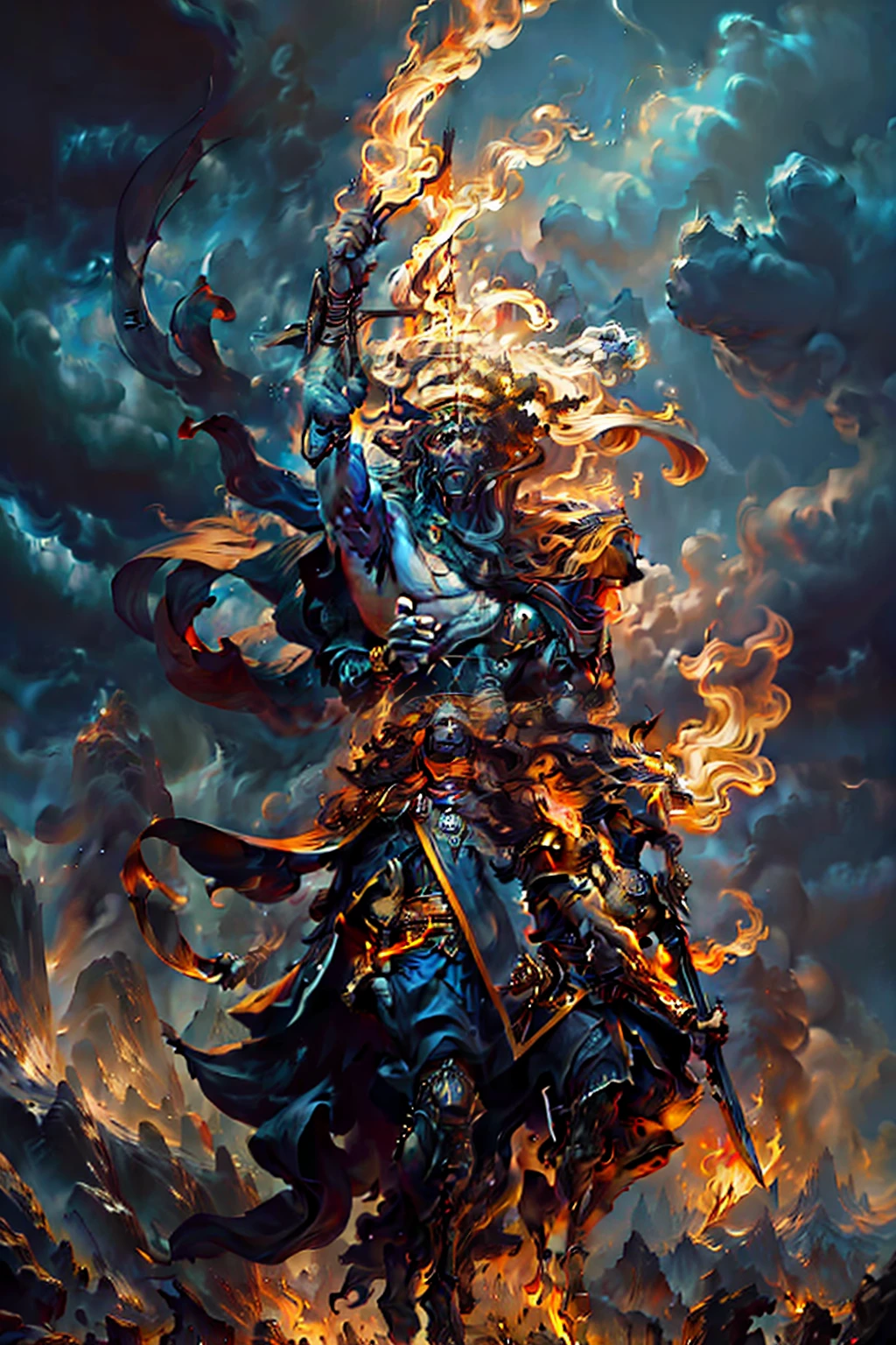 high qualiy, 4K, high resolution. God of Fire, imposing warrior, flames dancing in his eyes, fire aura surrounding your body; carries a flaming spear; golden skin, hair made of flames. serious face, front-facing.