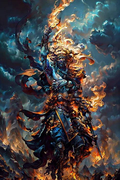 Alta qualidade, 4k, alta resolução. Deus do fogo, guerreiro imponente, flames dancing in his eyes, aura de fogo envolvendo seu c...