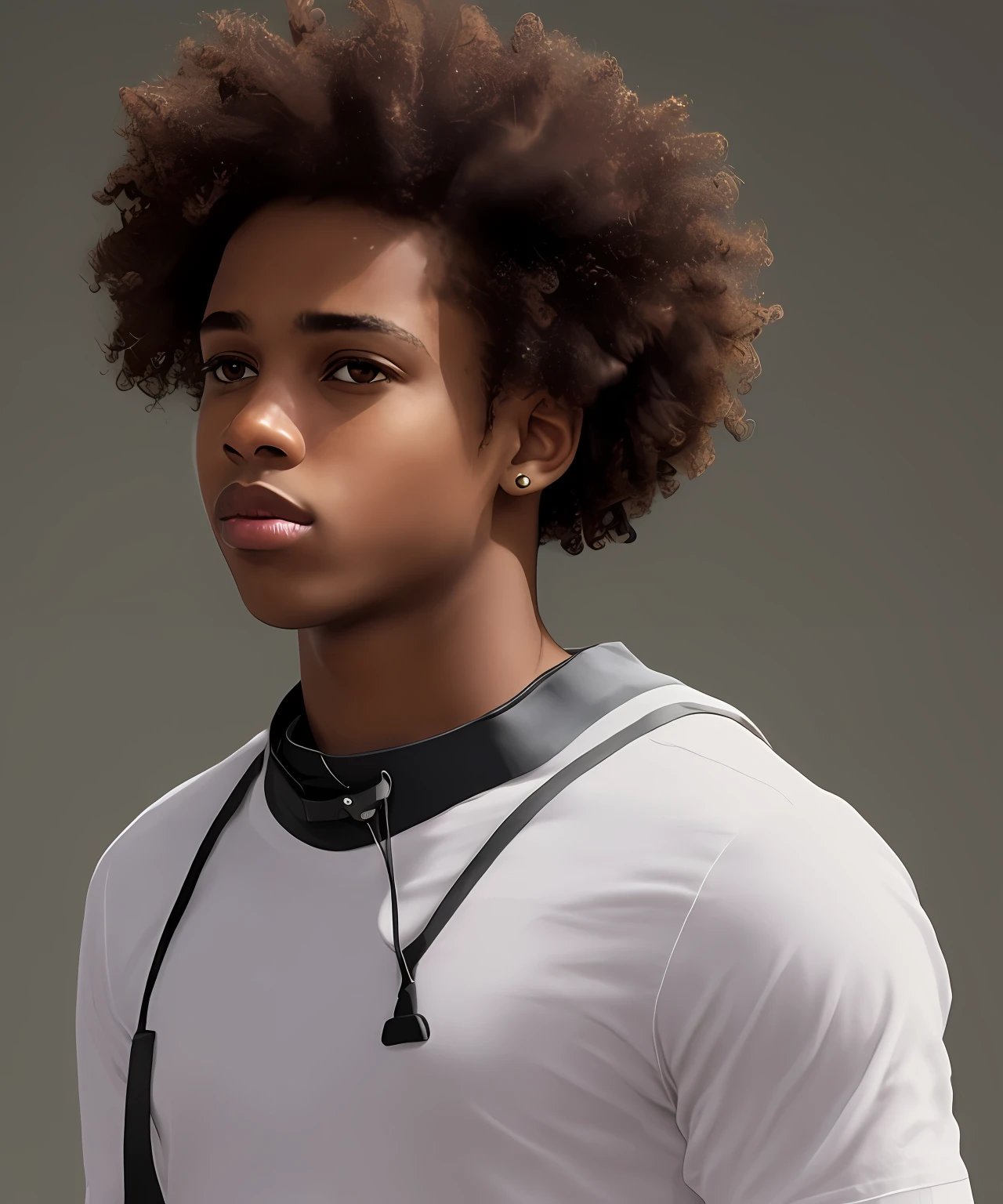 Realistic black boy, has slightly pink lips, has no beard, has dark brown eyes and slightly clenched, small nose and is , is 1.68m tall, thin has curly hair very short, low cut degrade in 1.