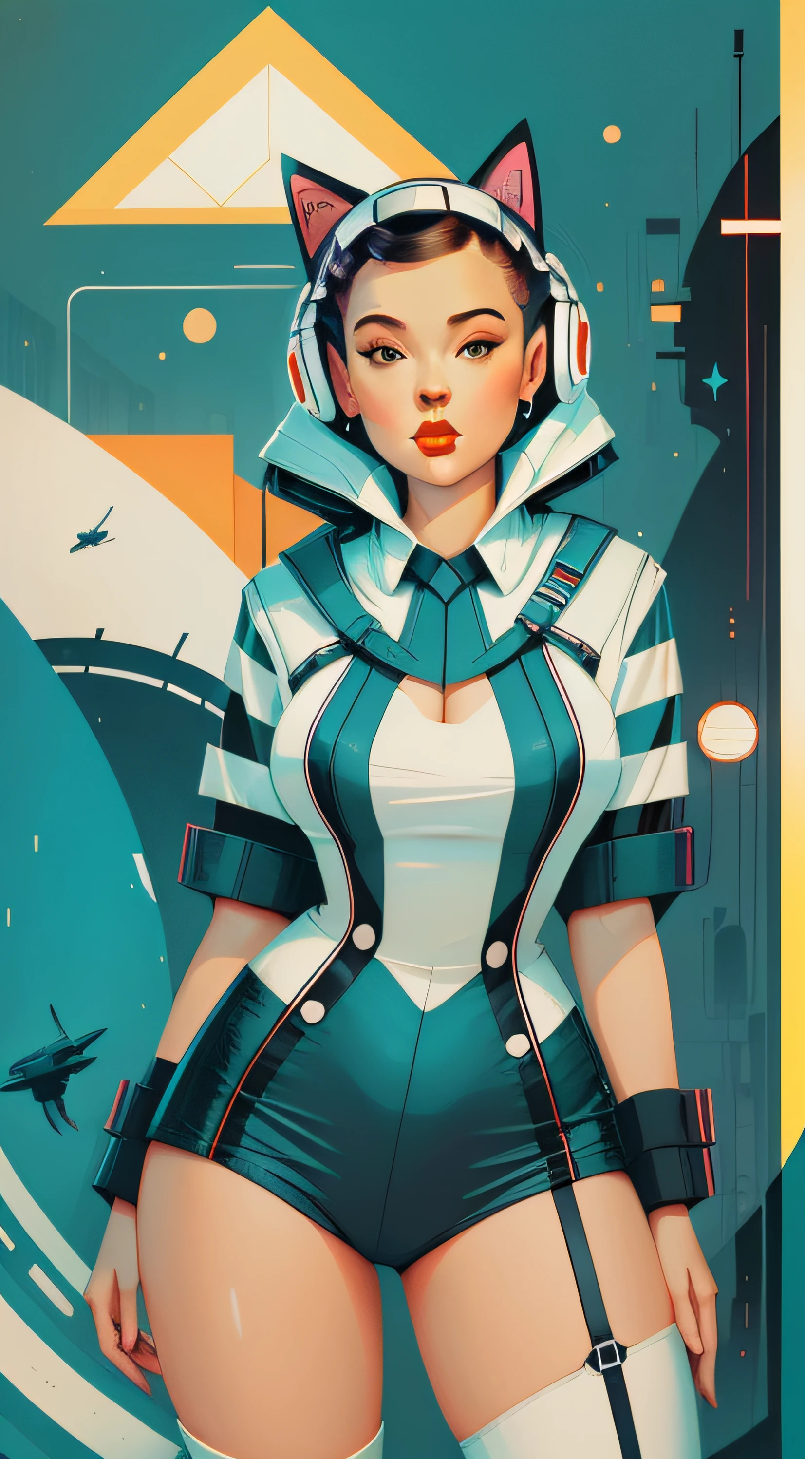 retro scifi art,vintage,1pinup girl with very white techwear clothes,cat,geometric shapes and simple stripes on background