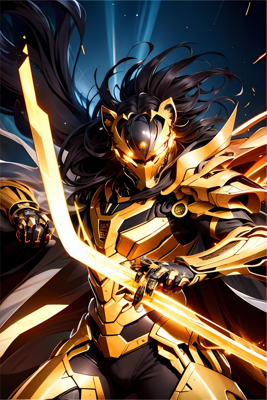 Image Fill,masutepiece,Best Quality,Super Detail,16 K,Textured skin,Bright image quality,Science fiction,
REX, Powered Suits、Design with the image of a black and gold lion、Helmet with the image of a black and gold lion,Have a golden sword、Powerful Solo, straight-on, Blue glowing eyes, Black cloak、in fighting、Posing with a sword fighting、View from the front、Science fiction, Looking at Viewer, Upper body, , exoskeleton
Rex,