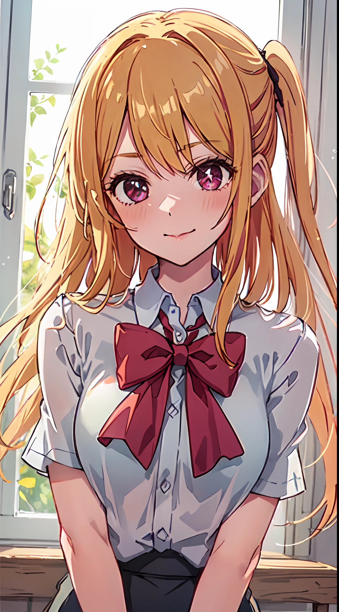 beautiful art depicting Hoshino Ruby with blonde hair, iridescent various shades in the sun's rays.