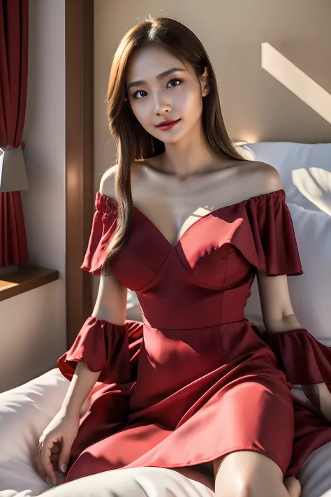 A tall and slender girl，In the bedroom, Tight off-the-shoulder crimson dress, ((small_Breasts)), 鎖骨, Small head, (Photorealistic...