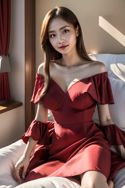 a tall and slender girl，in the bedroom, tight off-the-shoulder crimson dress, ((small_breasts)), 鎖骨, small head, (photorealistic...