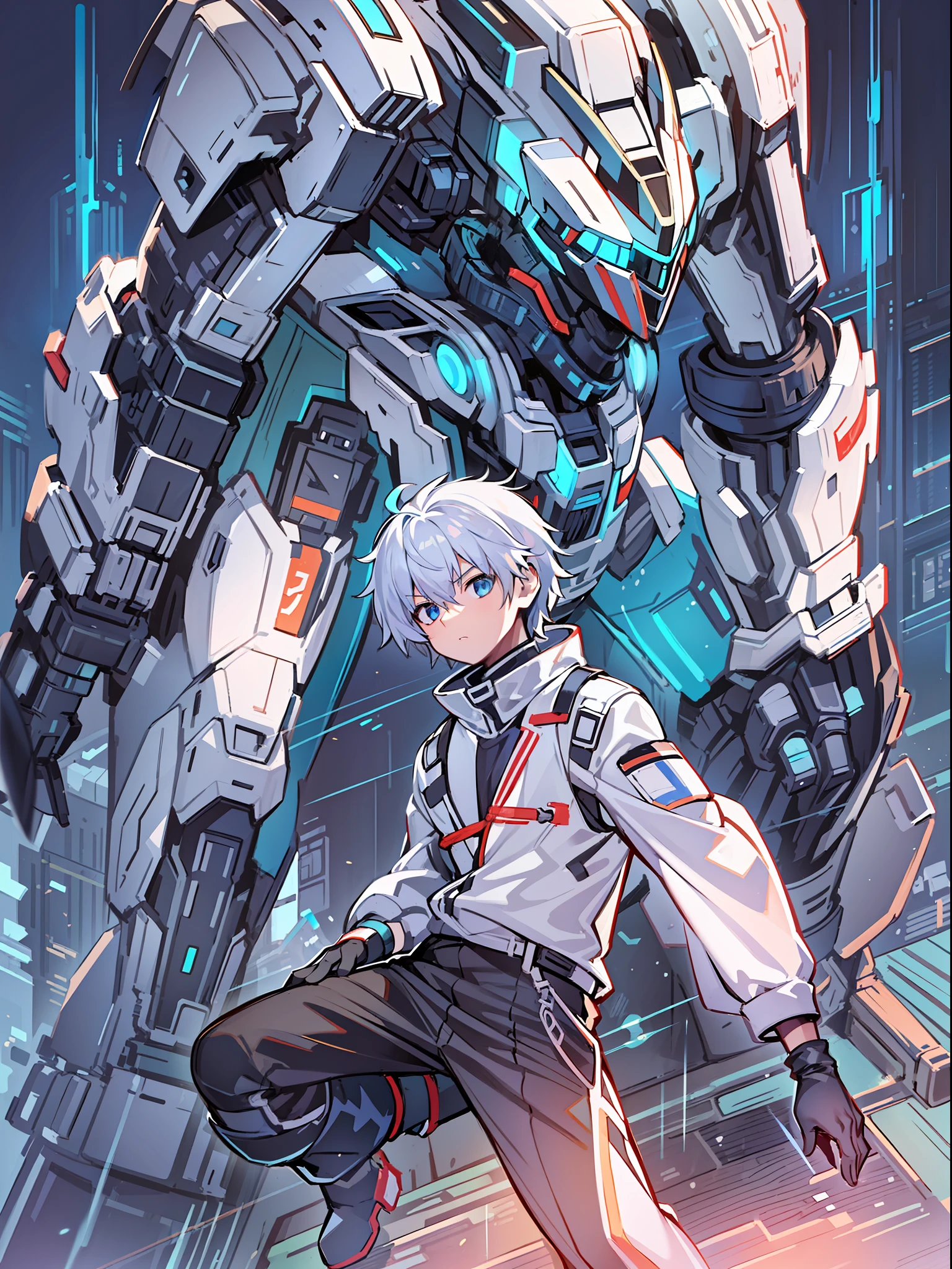 Game CG，8K quality，((younge boy))，Sense of childhood，Anime male protagonist，Mecha communication headset goggles，Serious eyes，Silver-blue dye，mechasuit，Armoured gloves，Racing boots，Mech pilot，Light effects，Full body like，Look into the distance，Single