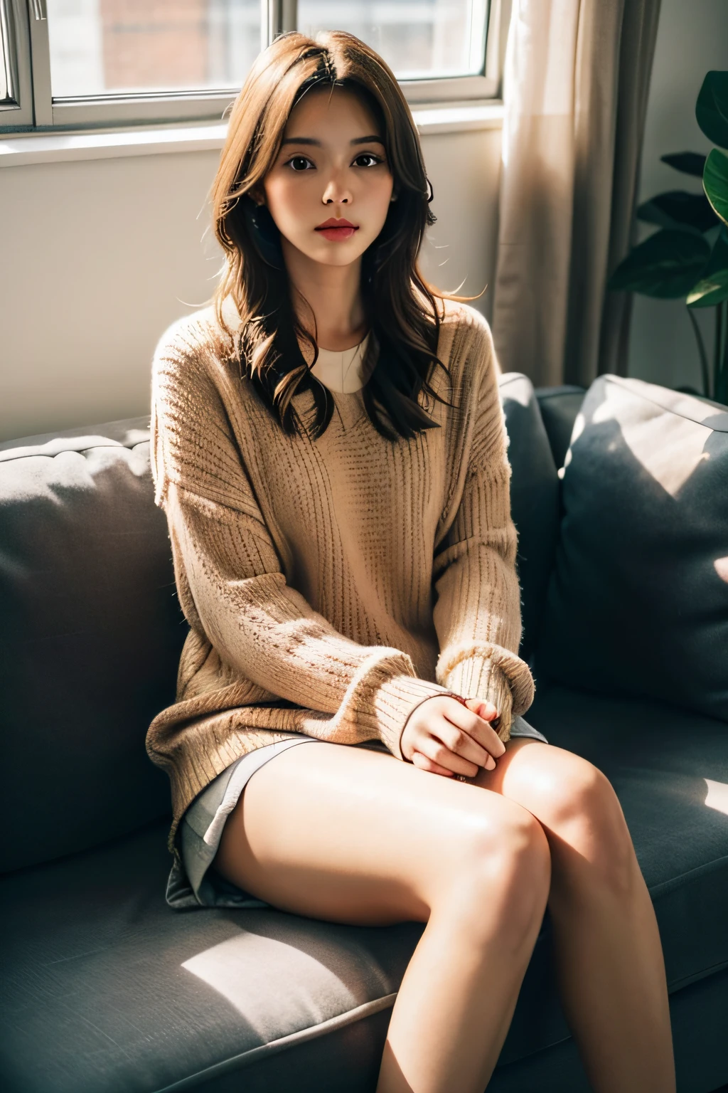 1girl,sitting on a cozy couch,crossing legs,soft light