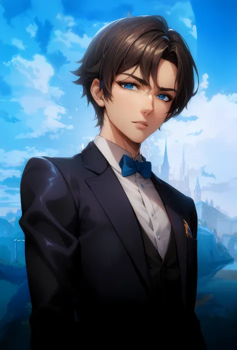 anime character with blue eyes and a suit and bow tie, tall anime guy with blue eyes, beautiful androgynous prince, smooth anime...