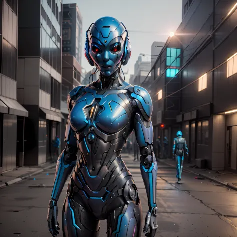 Mulher ultra-realista em uma cidade futurista com uma arma, advanced digital cyberpunk art, style hybrid mix of beeple, Estilo d...