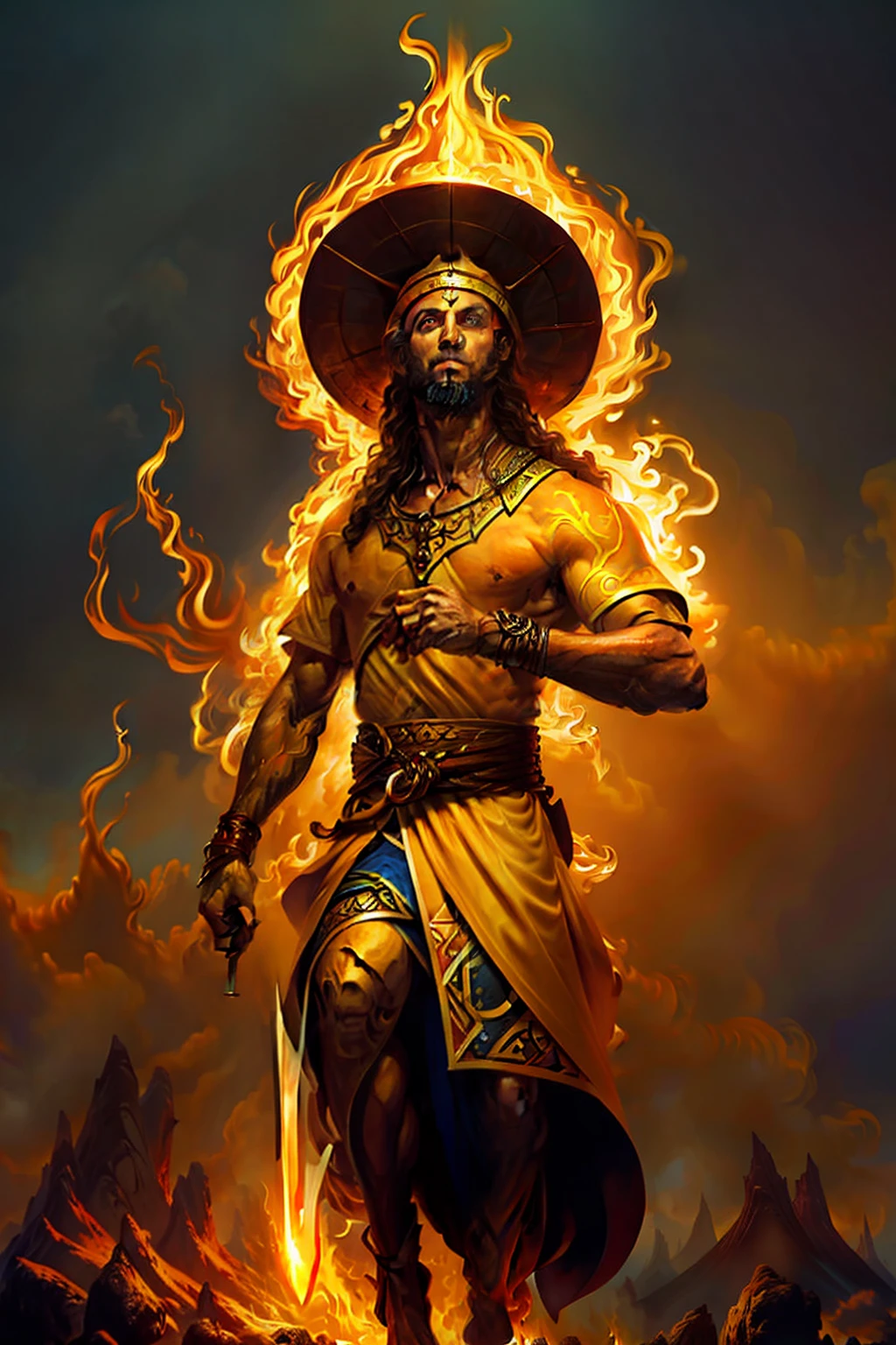 high qualiy, 4K, high resolution. God of Fire, imposing warrior, flames dancing in his eyes, fire aura surrounding your body; carries a flaming spear; golden skin, hair made of flames. serious face, front-facing.