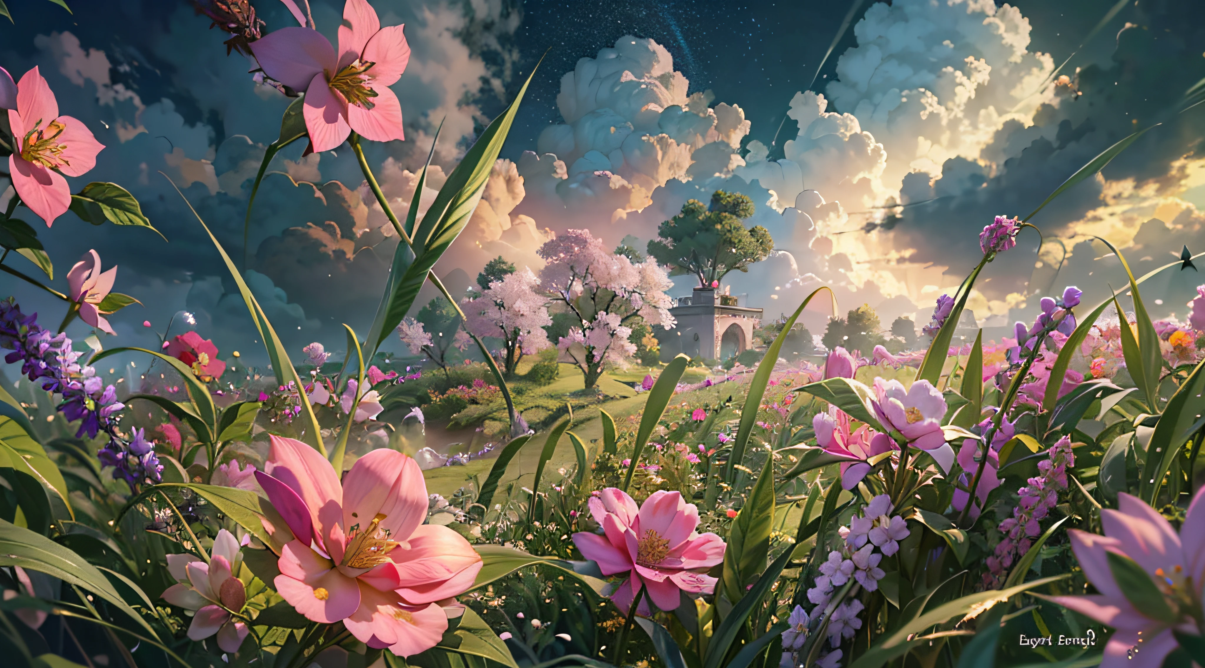 （Ультратонкие обои CG Unity 8k，tшедевр，лучшее качество，ультра - подробный），（лучше всего осветить，лучшая тень，Необычайно изысканный и красивый），，（ложиться спать），（красивая трава），（облака）， （красочный цветок）