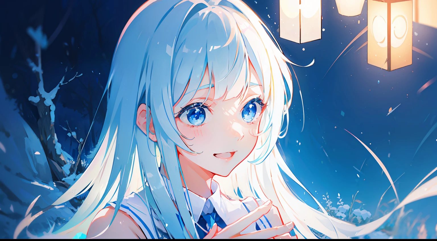 masterpiece,gorgeous, high details,1girl, traced lights,wallpaper, blue eyes,happy, laughing, laugh, cute, femine, delicate, snow, magicle, particles,red, detailed background,colorfull, innocent, cozy, intimate BREAK miwakasumi, light_blue_hair,blunt bangs, long hair, nature BREAK white dress