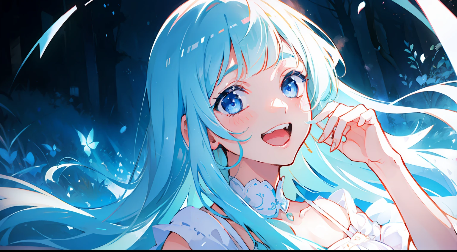 masterpiece,gorgeous, high details,1girl, traced lights,wallpaper, blue eyes,happy, laughing, laugh, cute, femine, delicate, red,hell, magicle, detailed background,colorfull, innocent, cozy, intimate BREAK miwakasumi, light_blue_hair,blunt bangs, long hair, nature BREAK white  dress