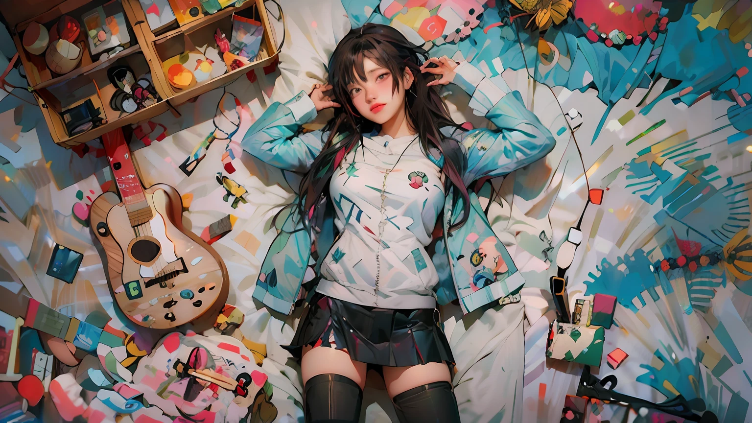 The girl lay on the bed，Holding a guitar and a bunch of toys, Guviz-style artwork, Anime girl cosplay, cyberpunk anime girl, style of anime4 K, e - girl, E-Girl, Guviz, fanart best artstation, Guweiz in Pixiv ArtStation, anime-inspired, cyberpunk anime girl in hoodie