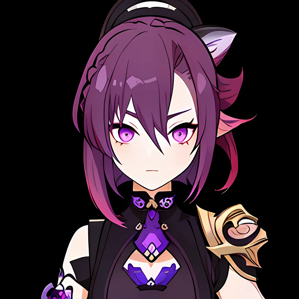 GenshinAvatar, (a girl with Purple hair and Purple eyes:1.4), highly_detailed, illustration, portrait, (((masterpiece))),(((bestquality))), (black_background:1.4), simple_background,