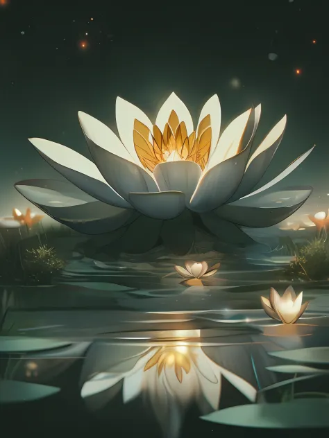 glowing and floating black lotus flower surrounded by golden white red light fireworks fantasy setting, forget me not flowers, v...