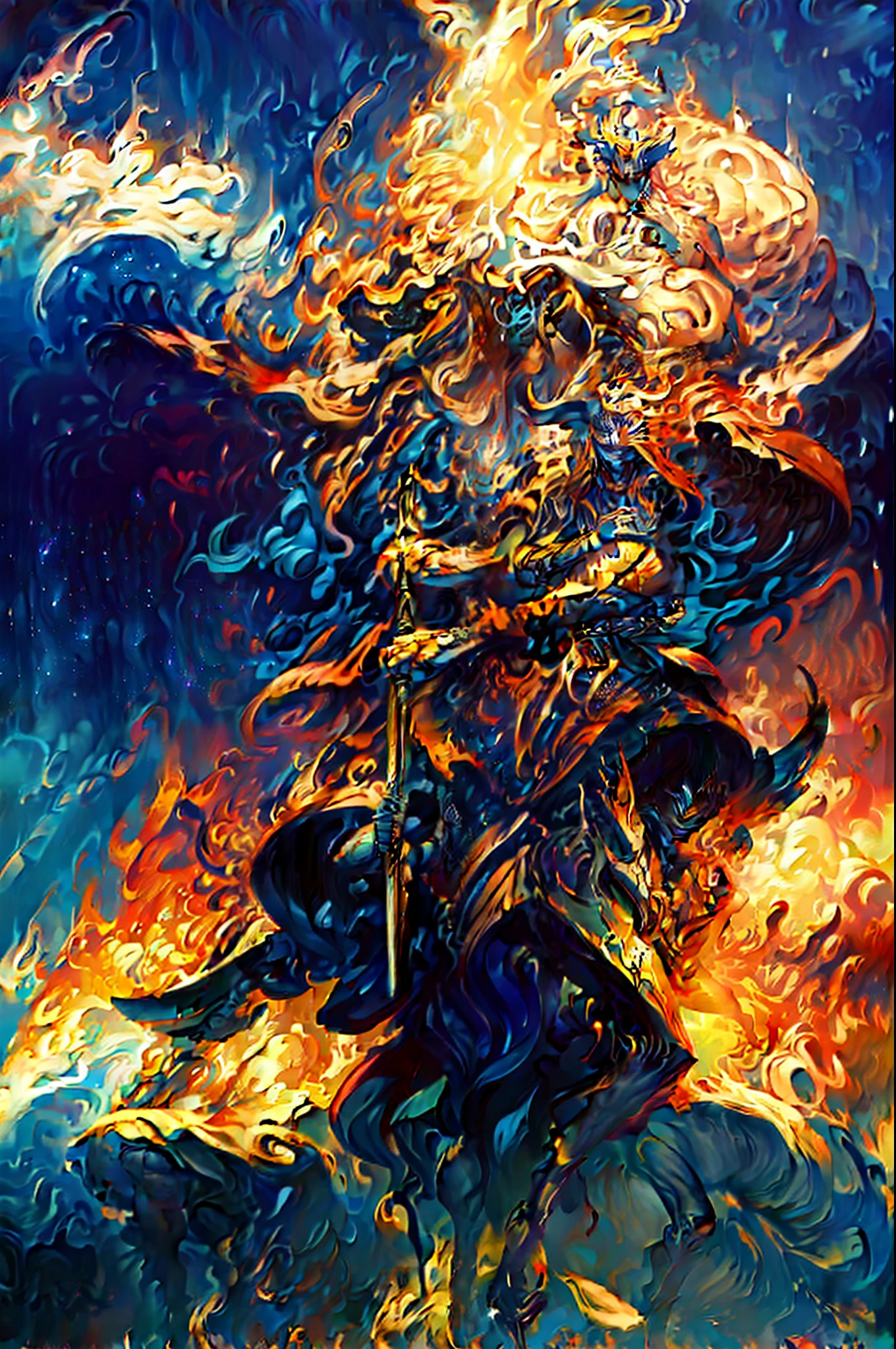 high qualiy, 4K, high resolution. God of Fire, imposing warrior, flames dancing in his eyes, fire aura surrounding your body; carries a flaming spear; golden skin, hair made of flames. serious face, front-facing.