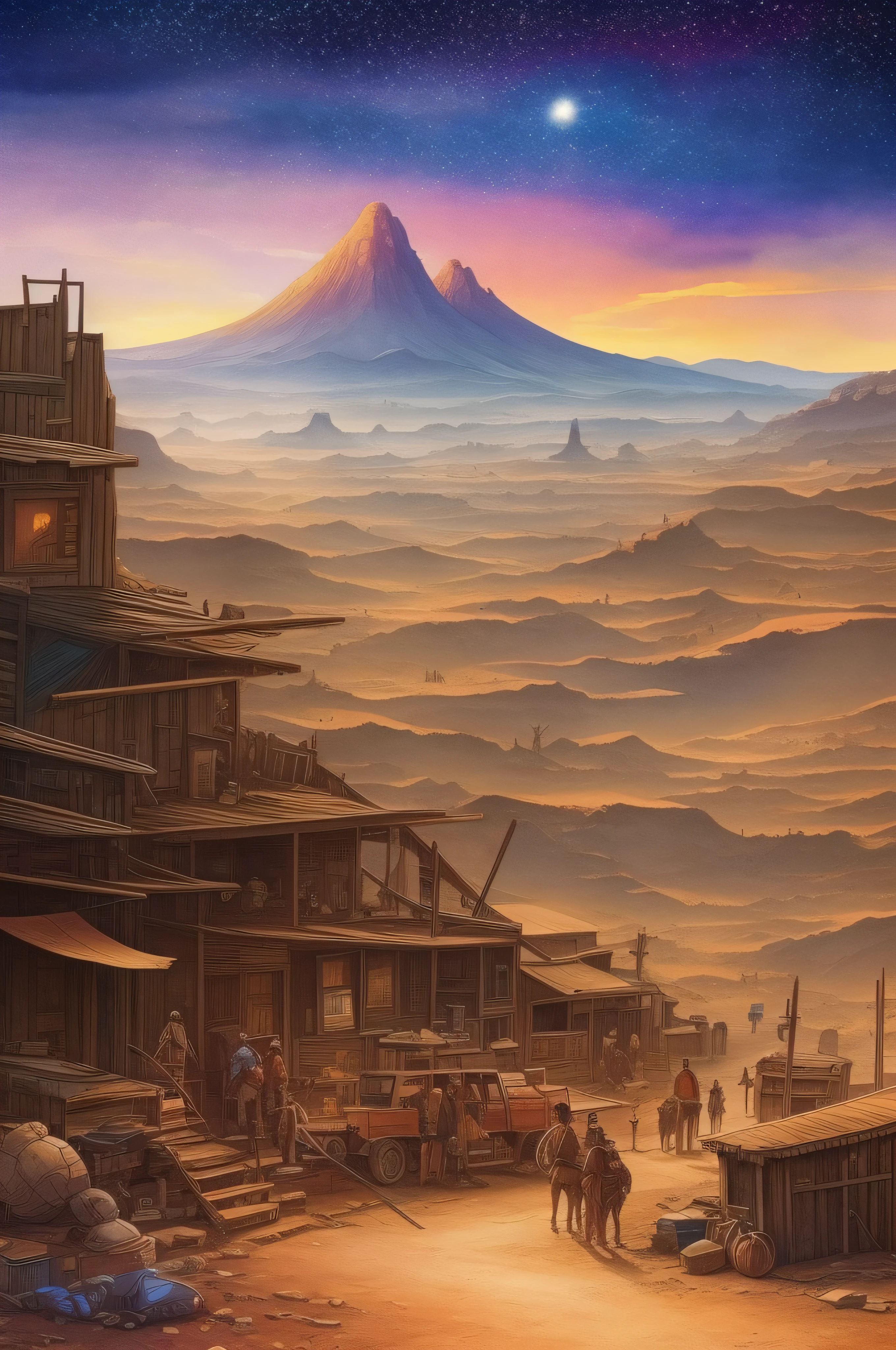 A watercolor painting of a post-apocalyptic setting of the Old West, com detalhes sombrios e desolados, e arte no estilo de Moebius e Gir, com um toque de HQ, and a starry sky.