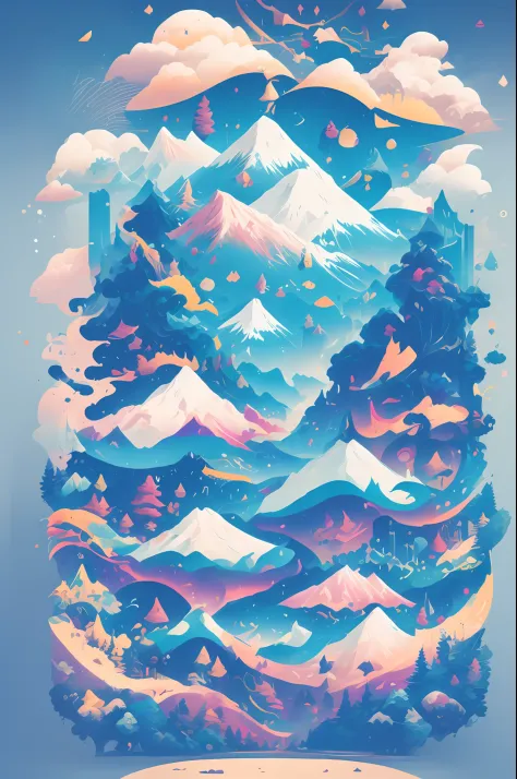 With mountains、​​clouds、Abstract poster for tree element design，Abstract point, line, polygon element，Gradient color，Blue and green tones，Vector，Graphic design style，Dramatic visuals