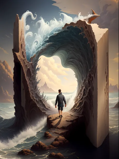 Arafeld Book，A man walks on the beach，A wave emerged from it, fantasy book illustration, cyril rolando and m. Kaluta, cyril rola...