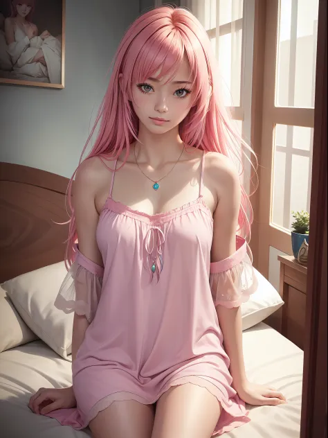 (masterpiece), (best quality), (ultra detailed),(disheveled hair),(illustration), (realistic), beautiful and cute girl with white and smooth skin, thin body, red cheeks, wake up face , pink hair,Asian girl, Wearing nightgown, yellow, just woke up, morning ...