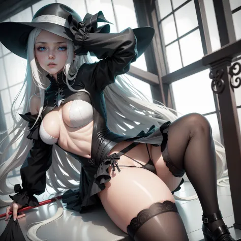 Lady Maria， 1girll， Blue_Eyes， Hat_feater， trident， scowling， beautiful art， anime coloring， pony tails， White_Hair， black_Hair_ribbon， black_croptop， Black transparent stockings，Be red in the face，Black miniskirt，The limbs are in the correct position，Ray ...