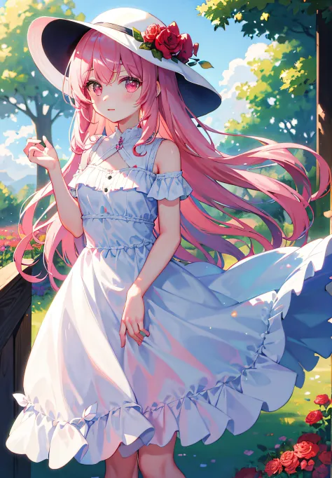 ((masterpiece, best quality)), 1girll, flower, solo, dress, holding, sky, cloud, hat, outdoors, bangs, bouquet, rose, expression...