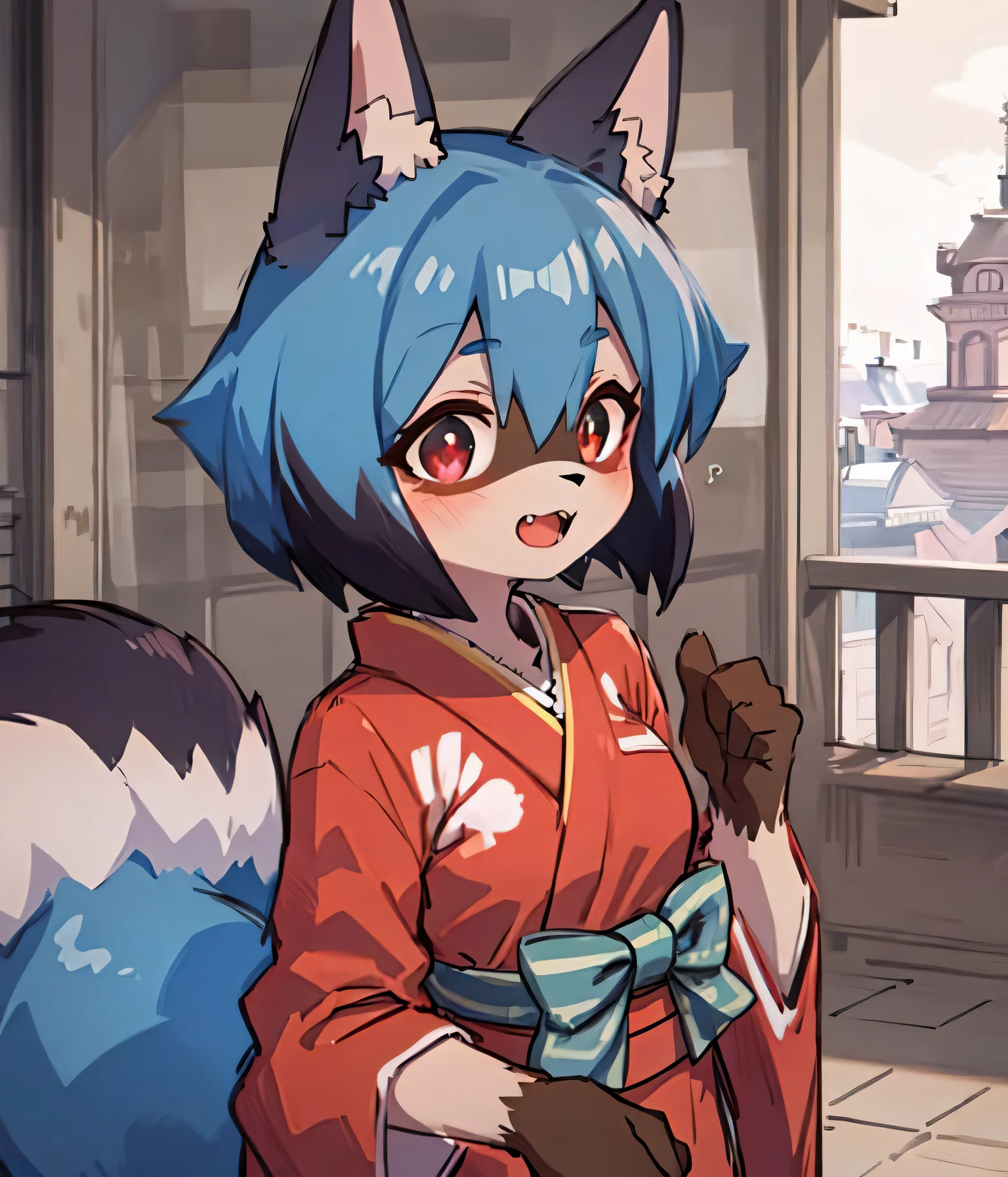 (fluffy anthro furry:1.3), furry raccoon, (Michiru:1.1), small breasts, 1girl, solo, blue hair, two tone hairs, (multicolored eyes:1.3), fox ears, kimono dress, outdoors,