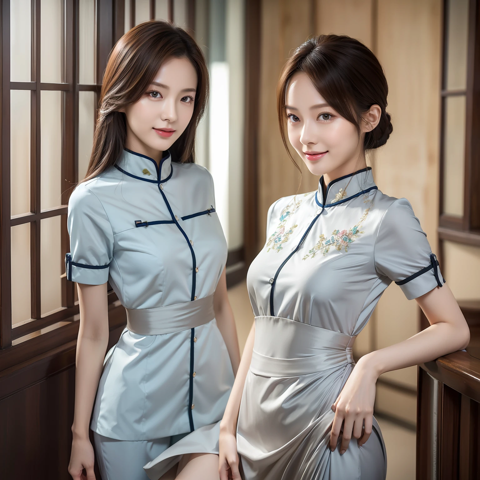 (Full body photo), long legs, thin waist, a 20-year-old Chinese nurse, best quality, realistic, (fine details), clear lines, high resolution, extremely detailed, (single focus), detailed facial features, detailed clothing features, (fashion hairstyle: 1.3) looking at the viewer, interior, smile, detailed face, double eyelids,