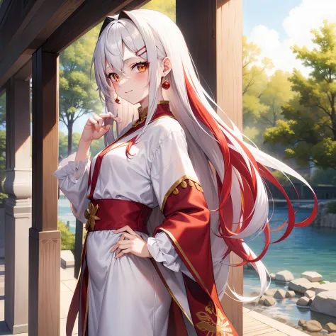 masterpiece, best quality, day, sun, comic, bust, Chinese, solo, ojousama, long hair, white hair, red hair, streaked hair, parted bangs, smug, yellow eyes, robe, earrings, hairclip, hands_on_hips,