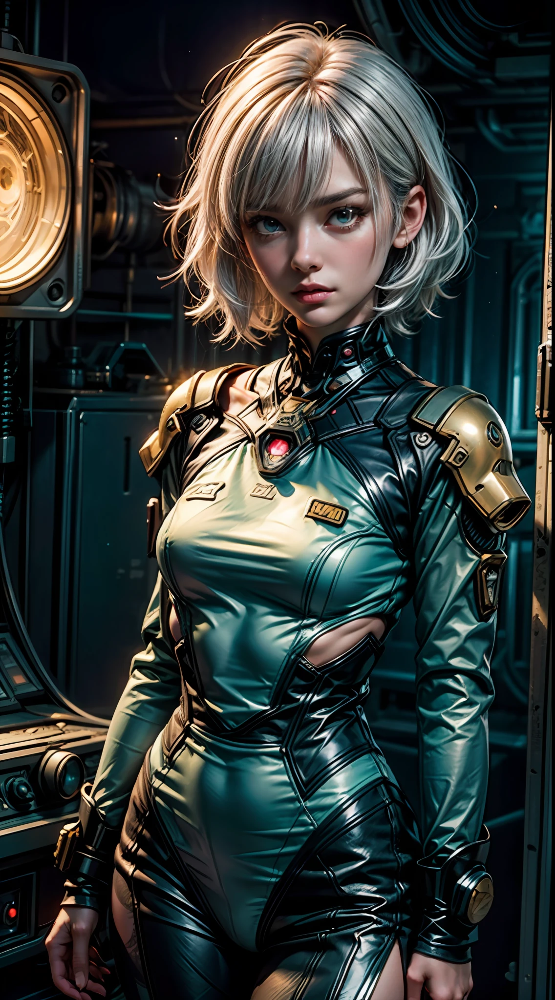 Female warrior monk with short white hair, Dress in a dark green long-sleeved shirt., Stand against a vintage sci-fi background. The artwork was inspired by Moebius and Ashley Wood.
