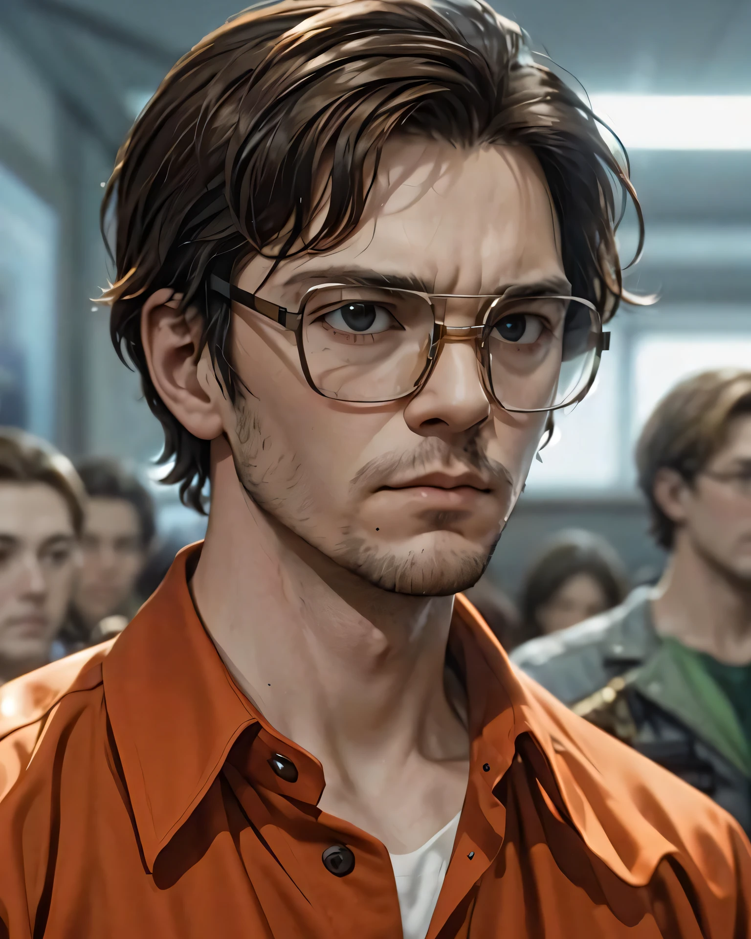best quality, jeffreydahmer, a man with glasses and orange shirt standing in front of a group of people in a courtroom, closeup, blurry background