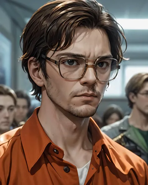 best quality, jeffreydahmer, a man with glasses and orange shirt standing in front of a group of people in a courtroom, closeup,...
