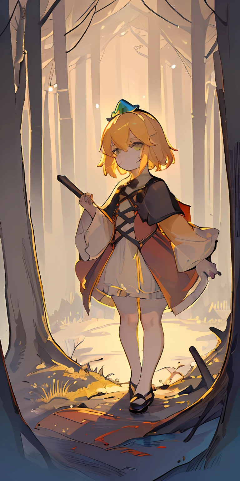 Very high quality, detailed, dark, forest, night dark, glow, 1girl, glowing,blonde, crown, loli, short hair, full body, middle of forest,