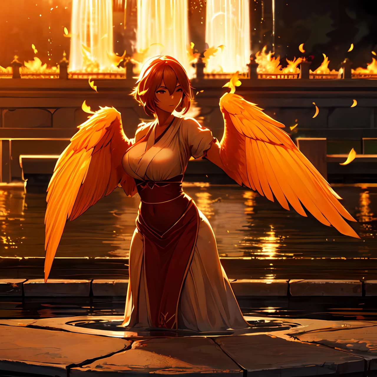 1girl, harpy, feathers, fire flame wings, close-up, near a beautiful fountain, beautiful park, intricate, detailed, cinematic, 4k