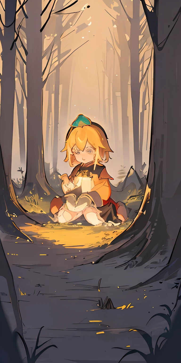 Very high quality, detailed, dark, forest, night dark, glow, 1girl, glowing,blonde, crown, loli, short hair, full body, middle of forest, Mimic surprised, tear, Shed a tear