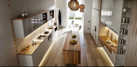 Modern kitchen cabinet design, 1 island table, 1 glass wing wardrobe, 1 desk, wooden floor, LED plasterboard ceiling