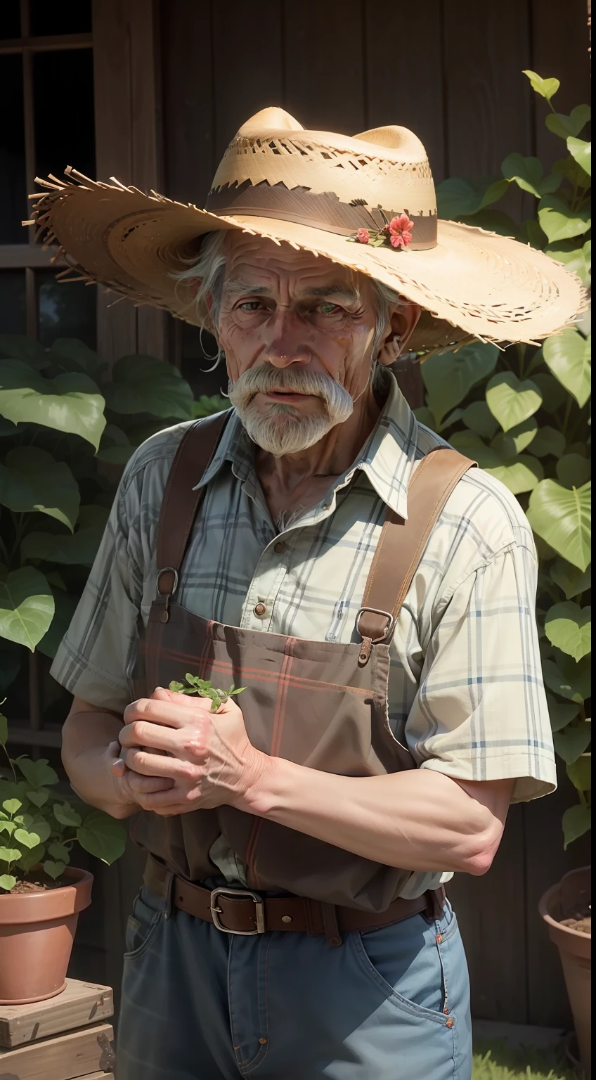 An old hillbilly with a straw hat and plaid shirt, lovingly caring for the plants in your small plantation