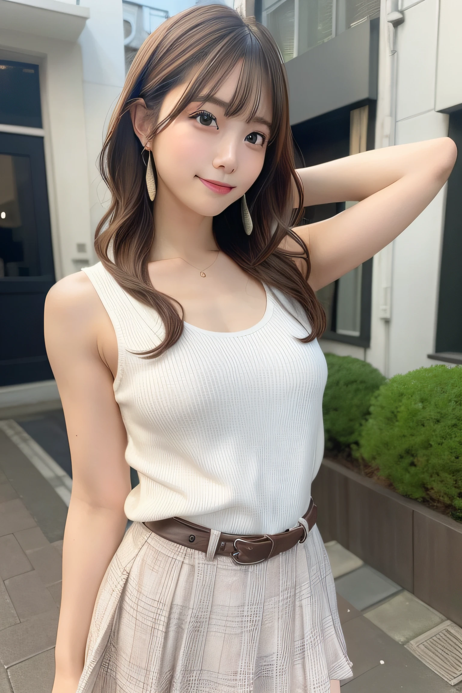 8K、Best Quality, 超A high resolution:1.2, (Photorealistic:1.4)、​masterpiece:1.3、Raw photo、 (FULL BODYSHOT:1.6、side from:0.7)、middlebreast、realistic eyes and face details:1.3、dual、(the perfect body : 1.1)、(short wavy hair : 1.2)、crowdedstreets、Fashionable clothes、Cute clothes、Check skirt、thighs thighs thighs thighs、1日本人の女の子、 Cute、natural skin textures:1.2、 (Shy smile)、 Smooth skin:1.2, (Brown medium hair,Bangs)、nogizaka、Beautiful black eyes:1.３、Hands behind your hips、The camera is from a little lower、 (Background is blurry:1.4)、Gravure Pose,I don't show my fingers