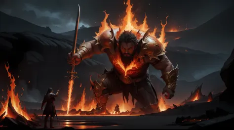 flame body giant is god, holding a flaming swords, lava and volcanic detailed backgrounds, dark fantasy, mythical, force, doomsday, thick oil painting, hyper realistic, 16k, symphonic orchestra atmosphere,