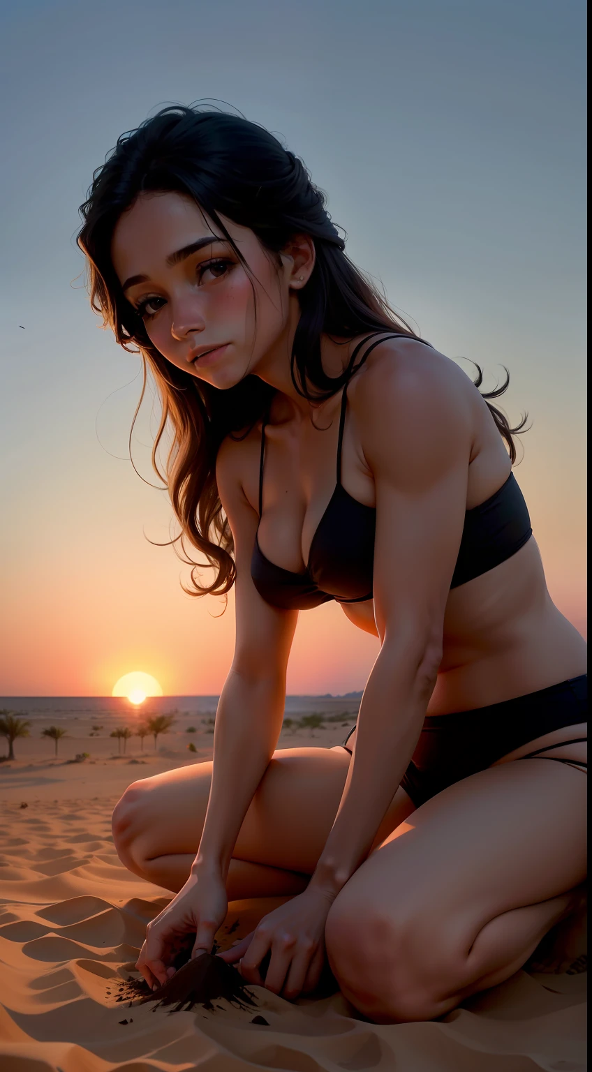 Arafed woman in a bikini sitting on the sand at sunset - SeaArt AI