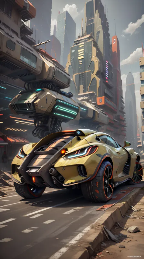 A futuristic sports car on the street of a futuristic city