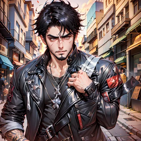 granger from mobile legends game, black haired, low fade cut, soft beard, street style, carrying violin and gun, close up, ultra...