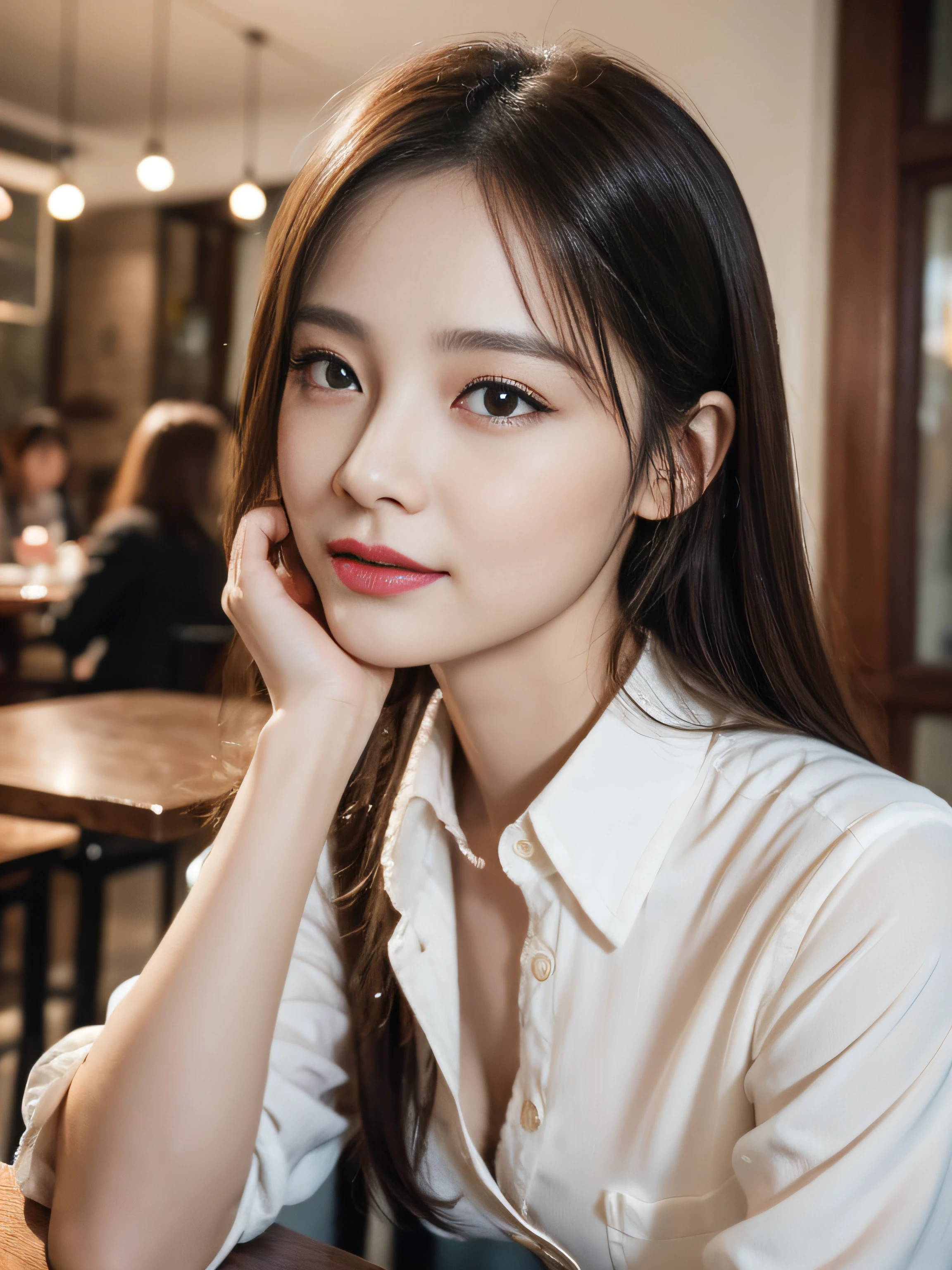 Uma elegante mulher de colarinho branco de 30 anos estava sentada em um café , Maquiagem Delicada , linda garota detalhada, Olhos e rosto muito detalhados, lindos olhos detalhados, ridículo, Chinês feminino , canon tiro 35mm , fotorrealista , uma foto de ,4K