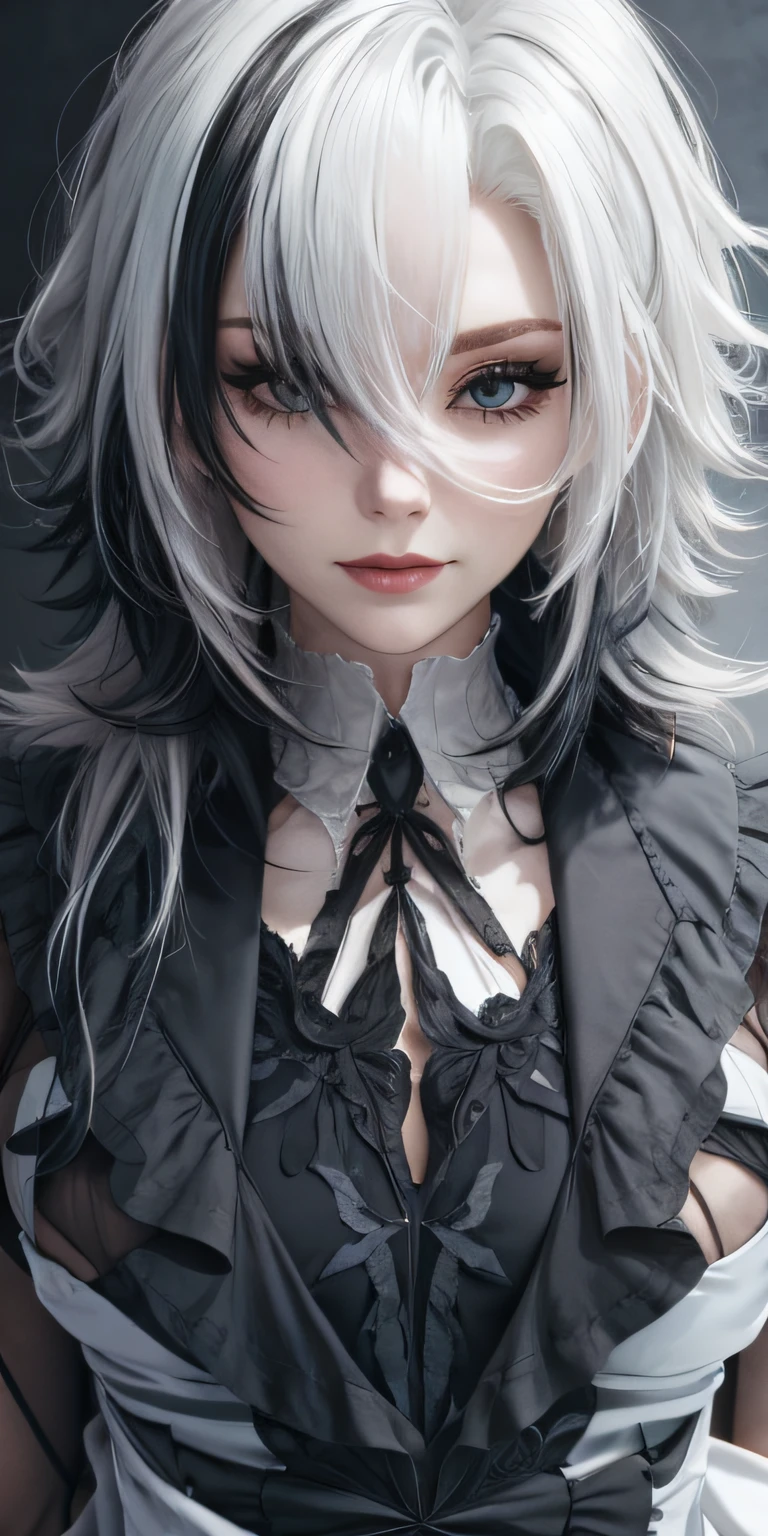 pelo blanco, vestido negro