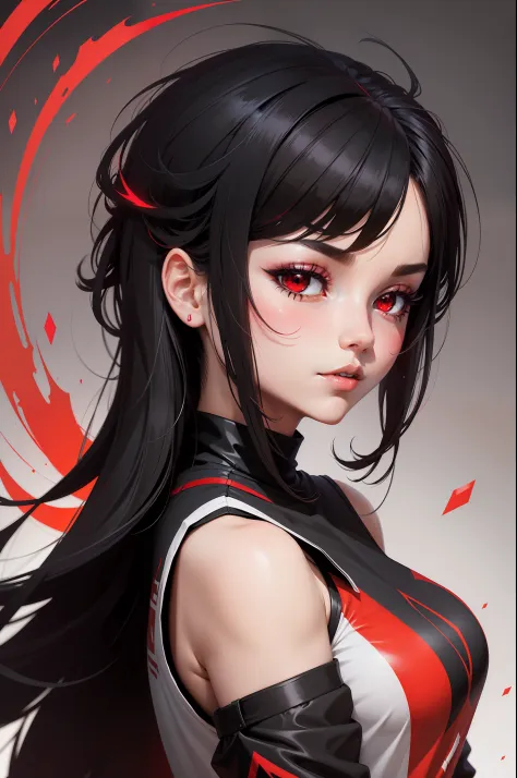 black and red colorful logo, minimalist logo illustration of vector anime girl, side facing, magic, sharp design, smooth, monochromatic colorful, dark magic splash, t-shirt design,